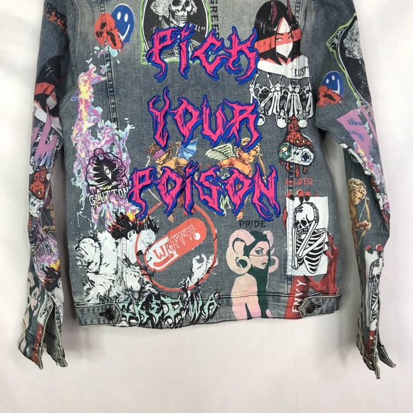 Sugarhill embroidery retro light wash 7 sins printed graphic denim jacket - Picture 7 of 10